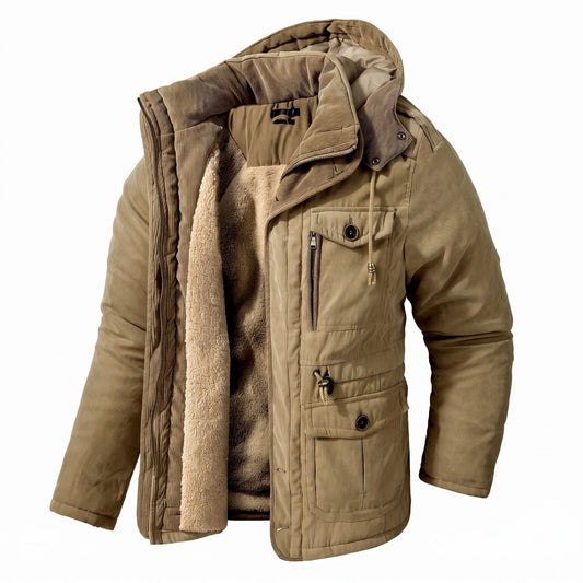 Harry - Men's Hooded Parka Jacket with Multiple Pockets - Khaki - Davies & Cooper