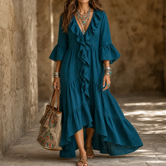 Women's Ruffle Maxi Dress | High-Low Hem & V-Neck 1