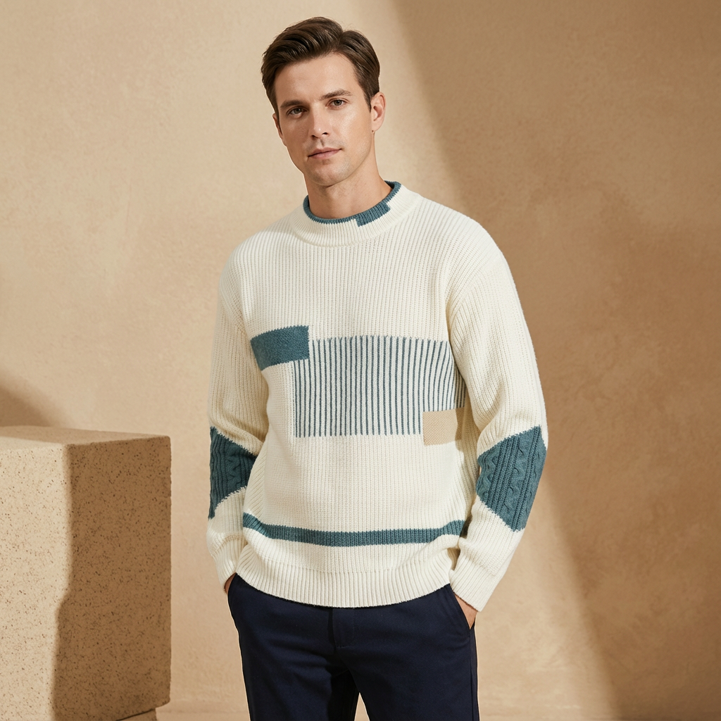 Men's Patchwork Knit Pullover | Crew Neck & Classic Fit 1