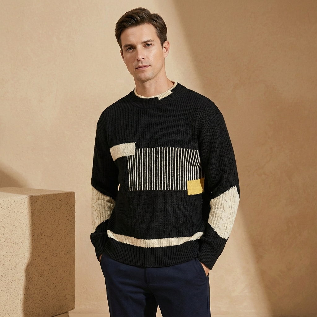 Men's Patchwork Knit Pullover | Crew Neck & Classic Fit 7