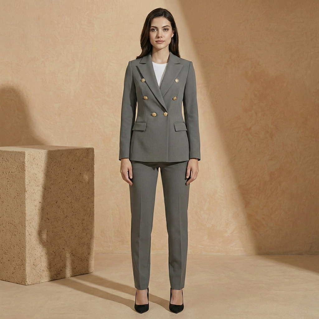 Women's Double-Breasted Blazer Suit Set Tapered Trousers 1