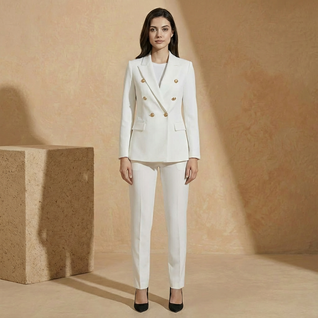 Women's Double-Breasted Blazer Suit Set Tapered Trousers 2