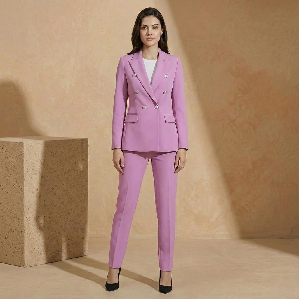 Women's Double-Breasted Blazer Suit Set Tapered Trousers 3