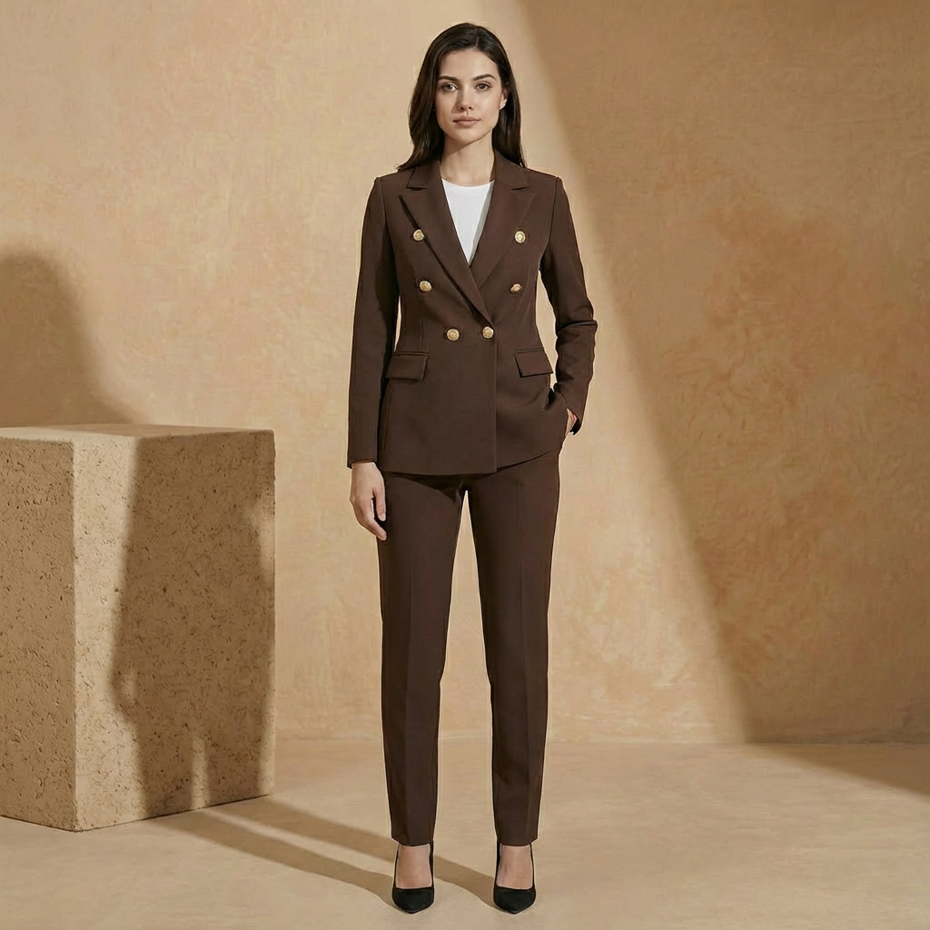 Women's Double-Breasted Blazer Suit Set Tapered Trousers 4