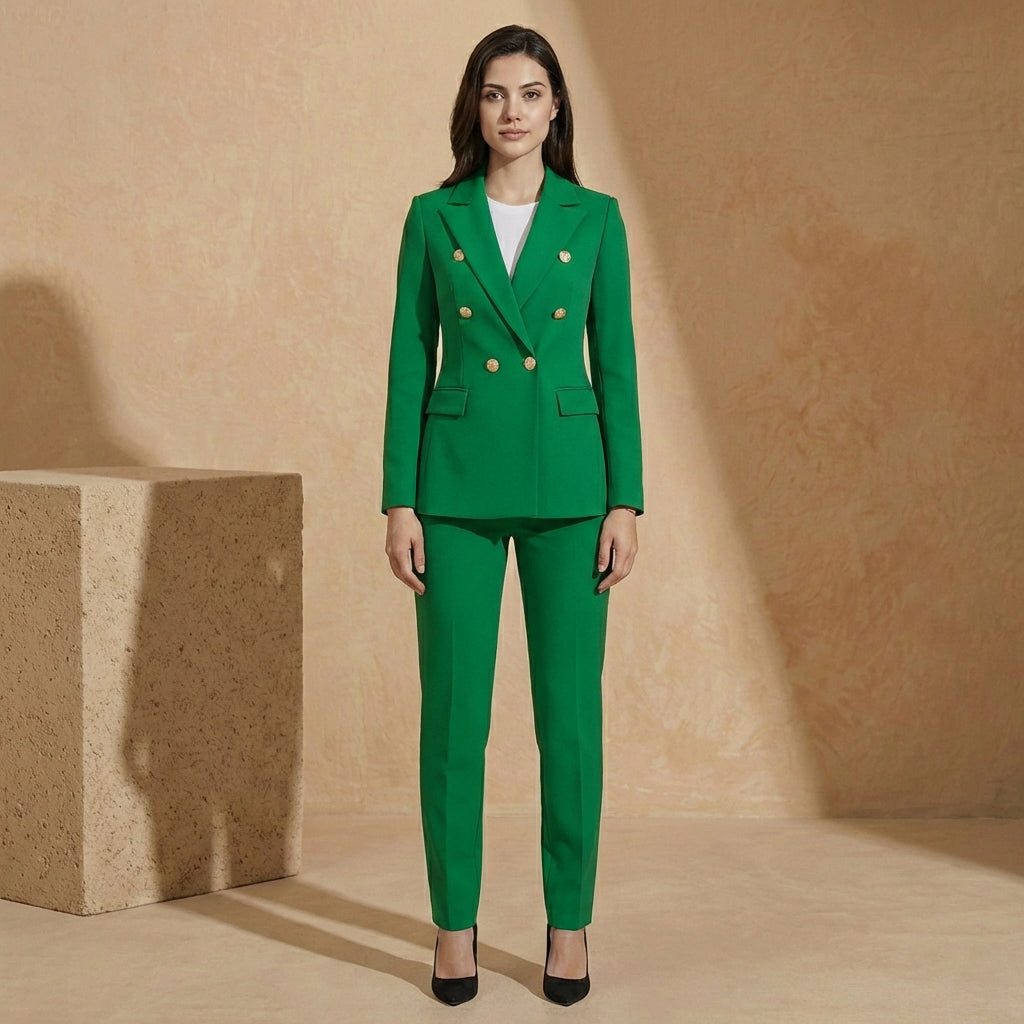 Women's Double-Breasted Blazer Suit Set Tapered Trousers 5