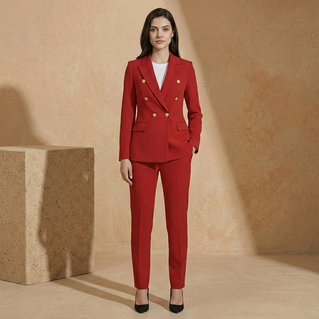 Women's Double-Breasted Blazer Suit Set Tapered Trousers 6