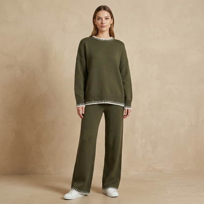Women's Knit Two Piece Set Wide Leg Trousers Contrast Trim 3