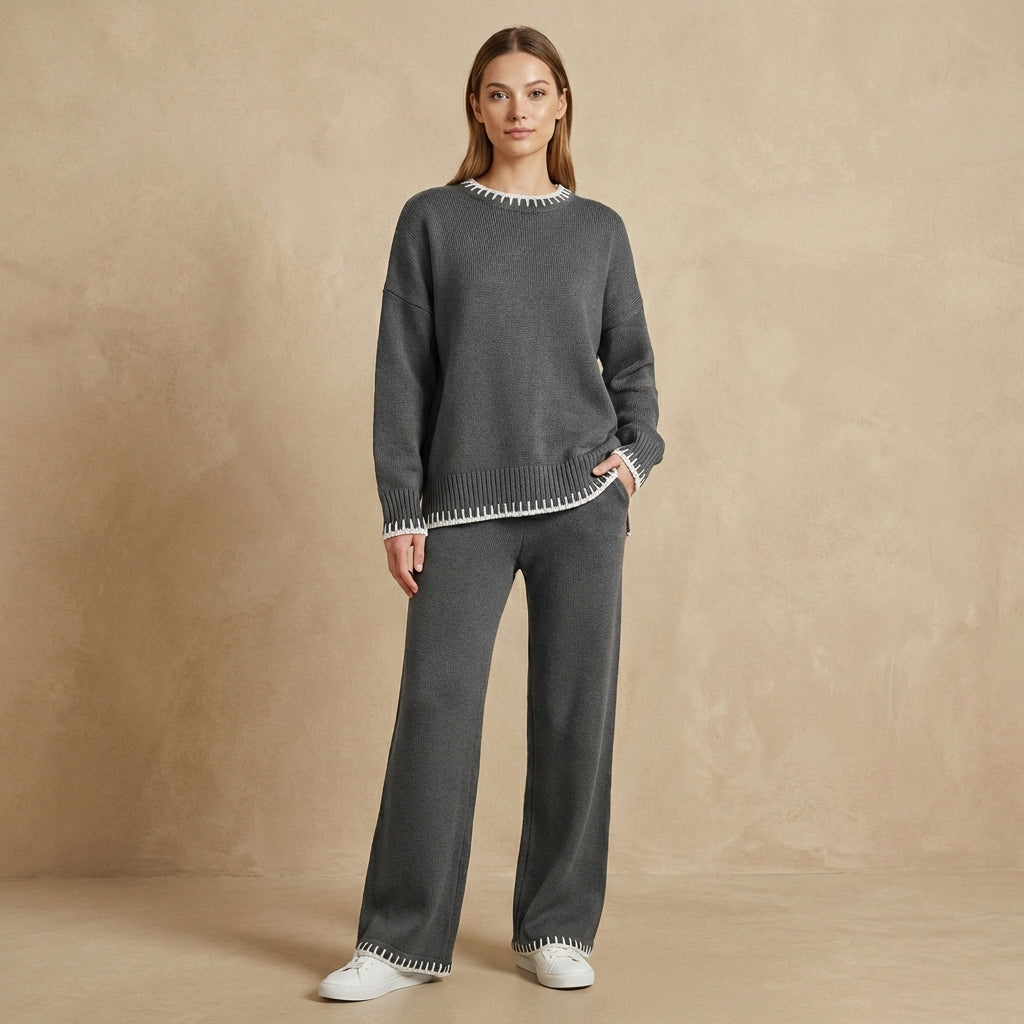 Women's Knit Two Piece Set Wide Leg Trousers Contrast Trim 2