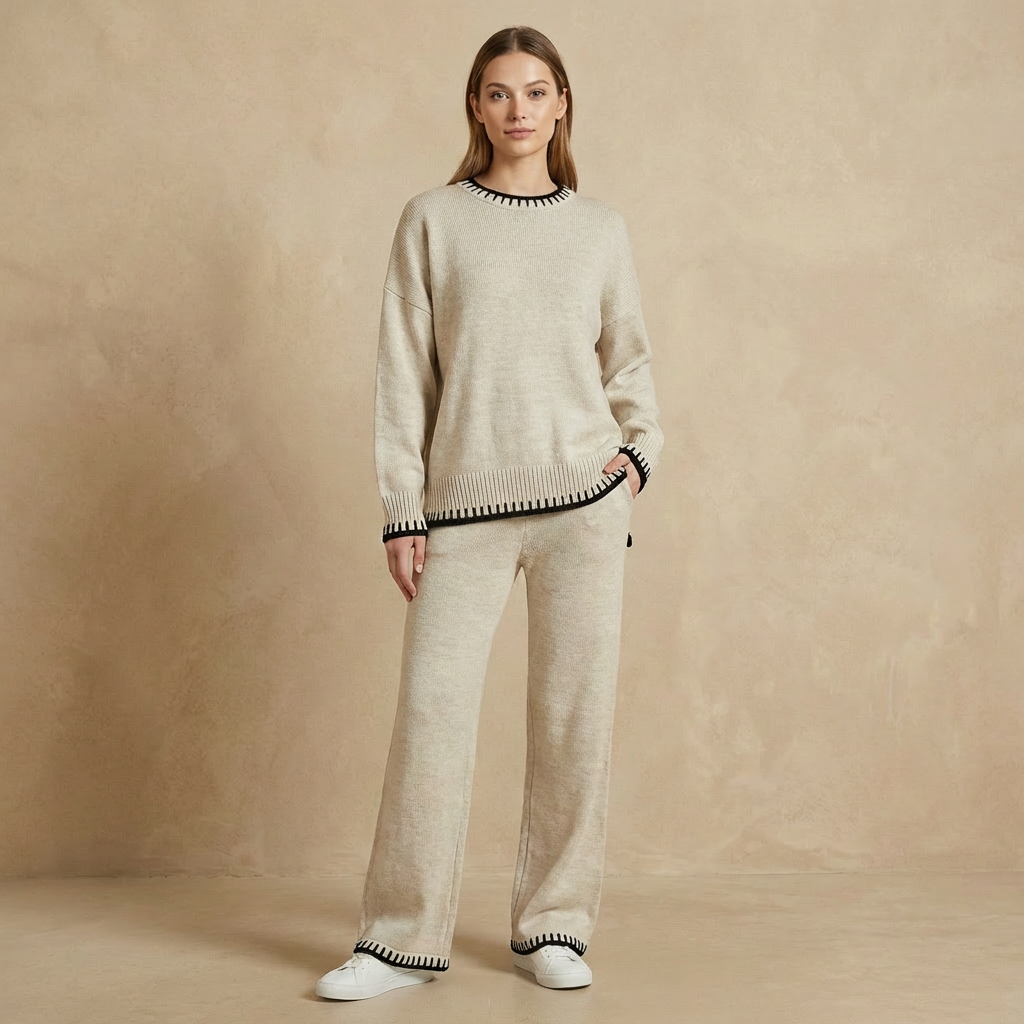 Women's Knit Two Piece Set Wide Leg Trousers Contrast Trim 1