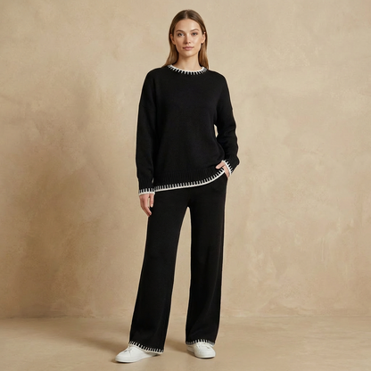 Women's Knit Two Piece Set Wide Leg Trousers Contrast Trim 5