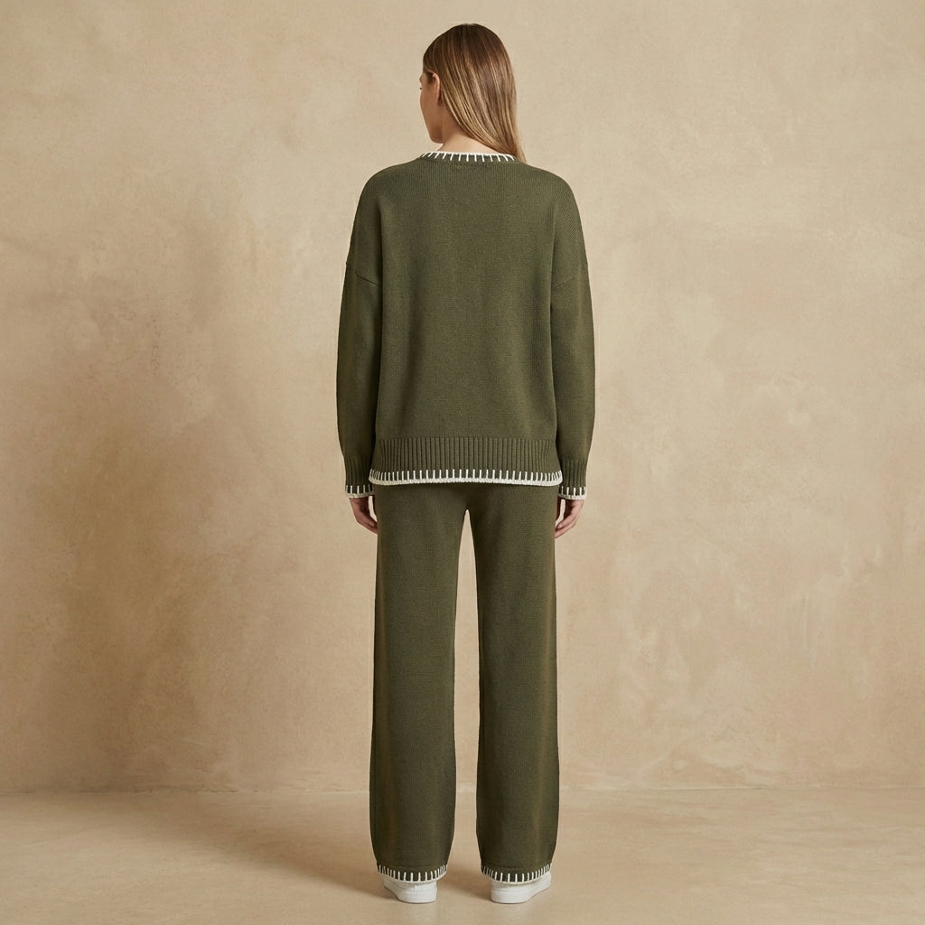 Women's Knit Two Piece Set Wide Leg Trousers Contrast Trim 4
