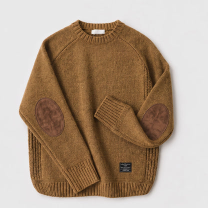 James - Men's Elbow Patch Knitted Jumper with Ribbed Trim - Sweaters - Brown - Davies & Cooper