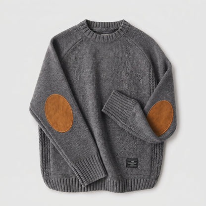 James - Men's Elbow Patch Knitted Jumper with Ribbed Trim - Sweaters - Grey - Davies & Cooper