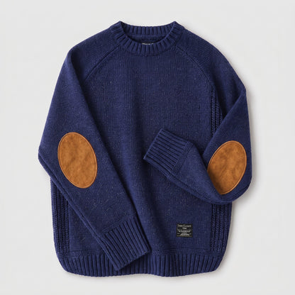 James - Men's Elbow Patch Knitted Jumper with Ribbed Trim - Sweaters - Blue - Davies & Cooper