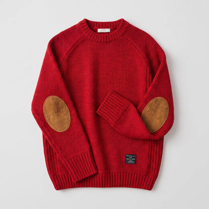 James - Men's Elbow Patch Knitted Jumper with Ribbed Trim - Sweaters - Red - Davies & Cooper