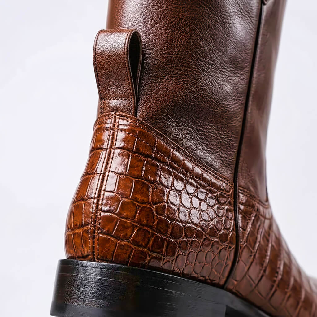 Jonas - Men's Western Pull-On Ankle Boots with Croc-Print Panel - Boots - Brown - Davies & Cooper