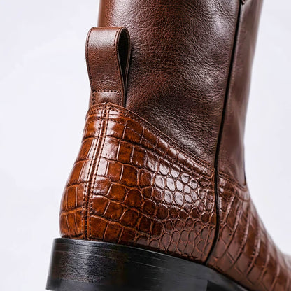 Jonas - Men's Western Pull-On Ankle Boots with Croc-Print Panel - Boots - Brown - Davies & Cooper