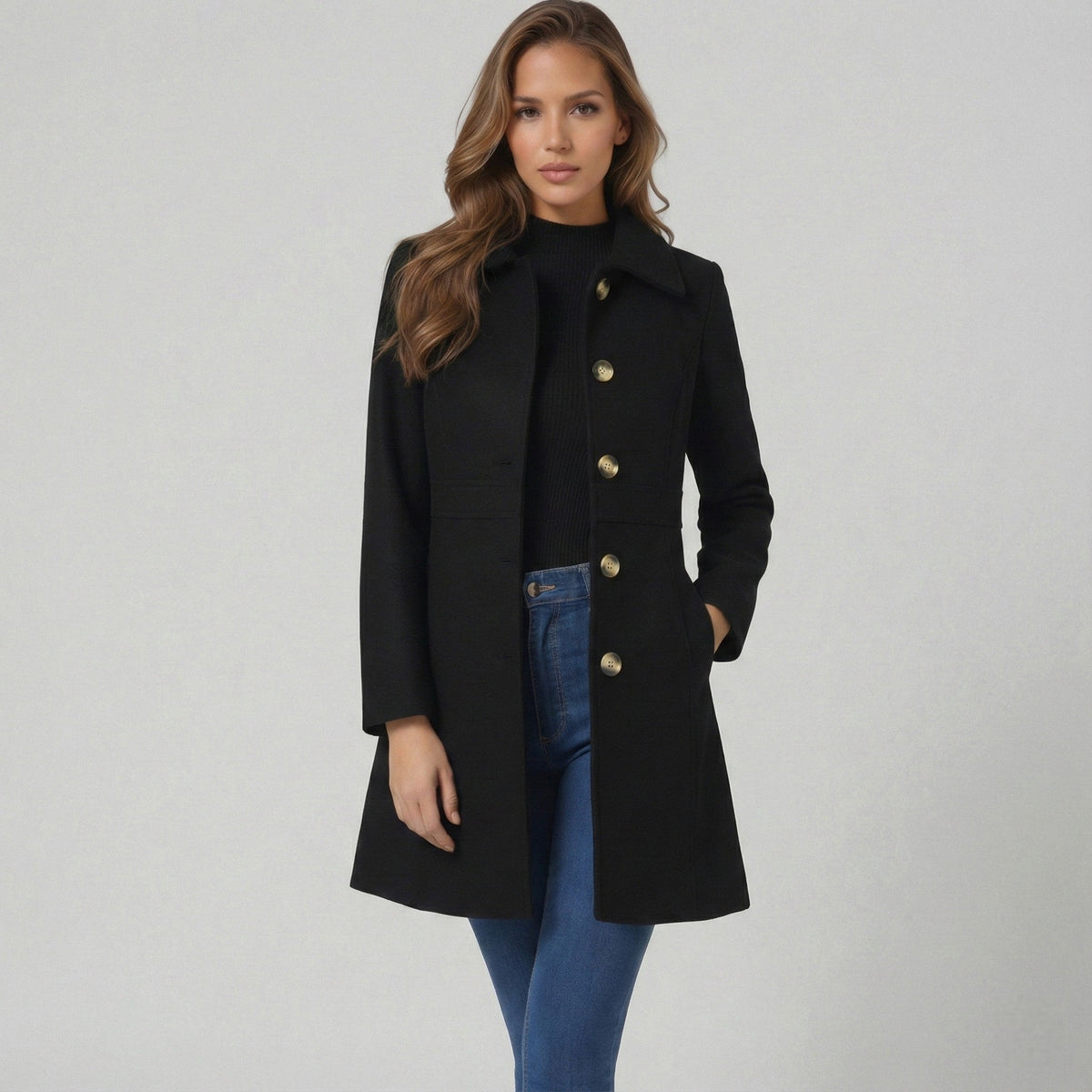 Josephine – Women's Coat with Button Placket - Jacket - Black - Davies & Cooper