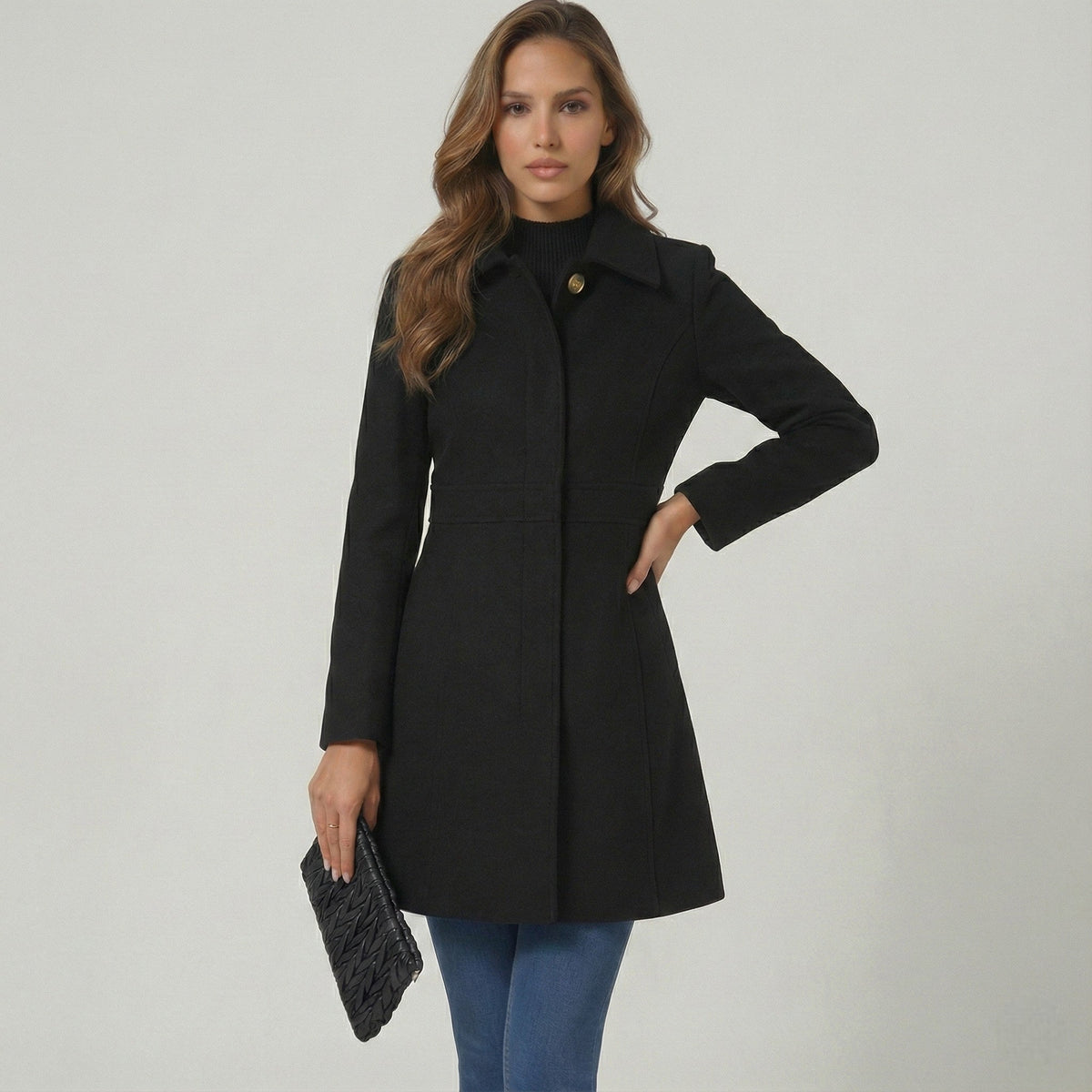 Josephine – Women's Coat with Button Placket - Jacket - Black - Davies & Cooper