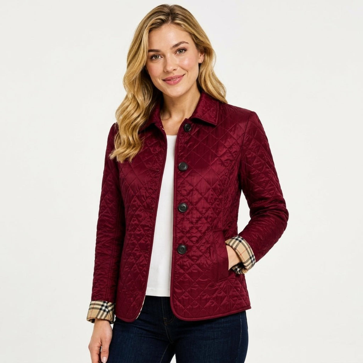Klara - Women's Quilted Transitional Jacket with Collar and Button Front - Coats & Jackets - Burgundy - Davies & Cooper