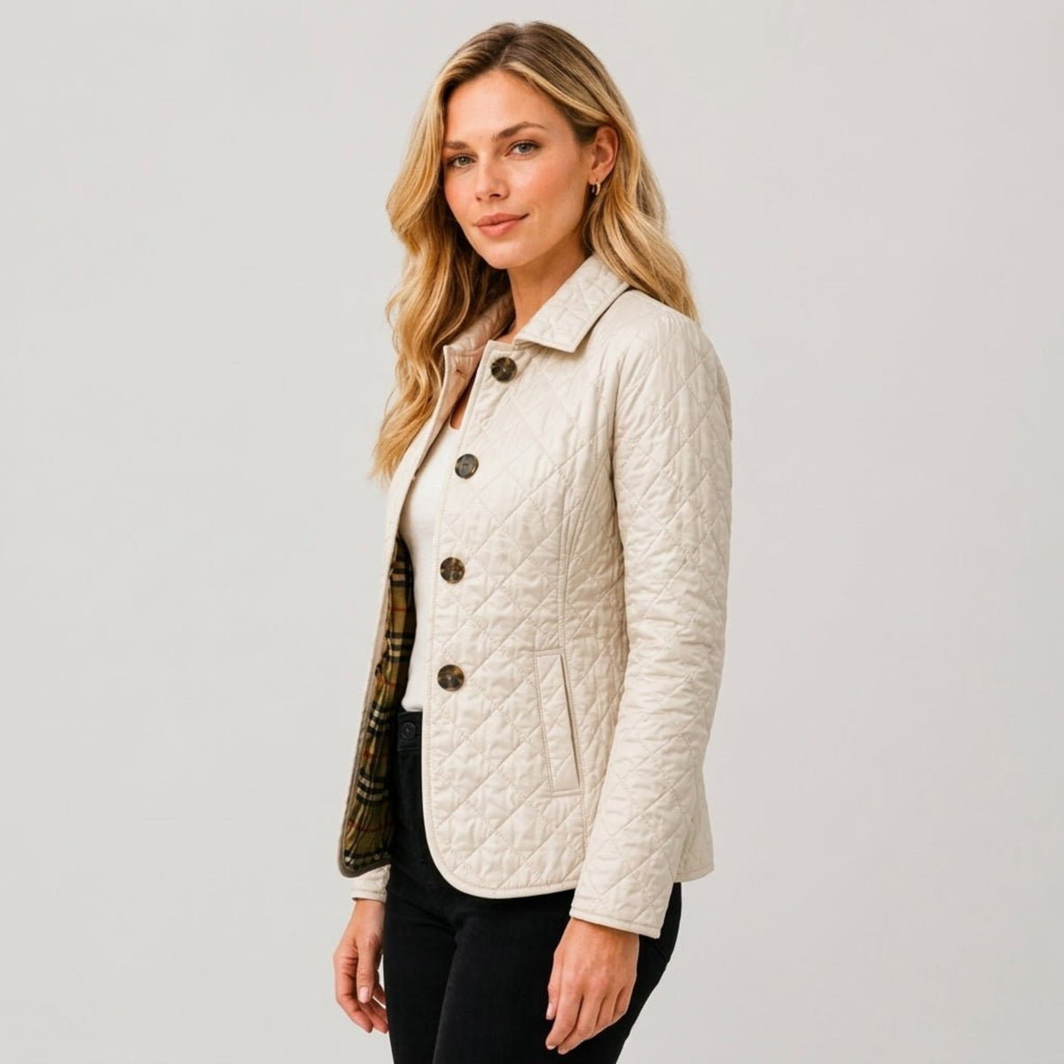Klara - Women's Quilted Transitional Jacket with Collar and Button Front - Coats & Jackets - White - Davies & Cooper