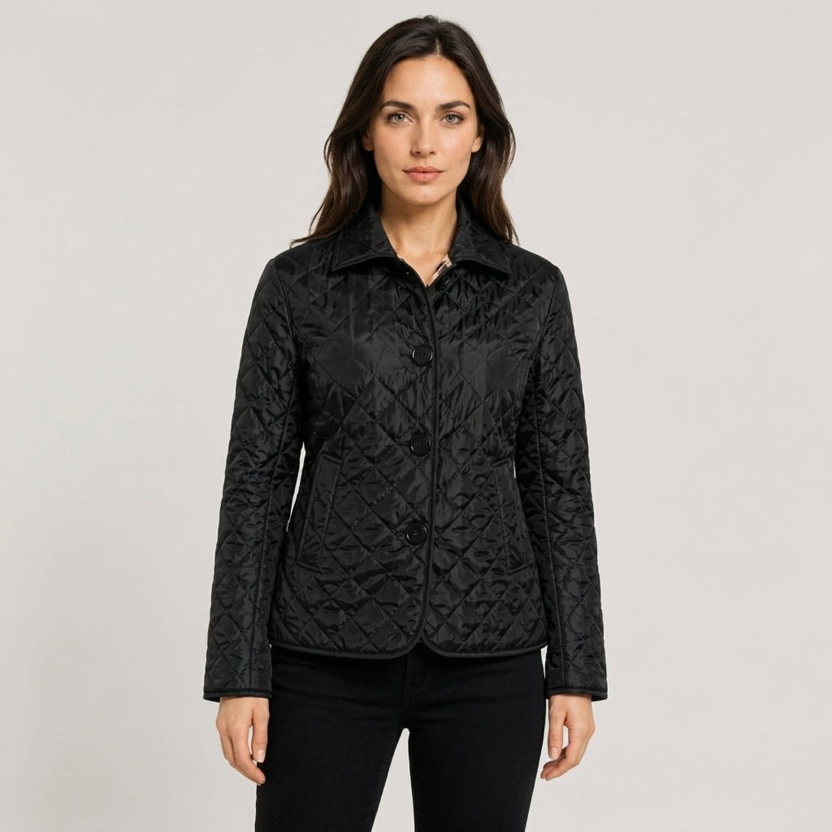 Klara - Women's Quilted Transitional Jacket with Collar and Button Front - Coats & Jackets - Black - Davies & Cooper