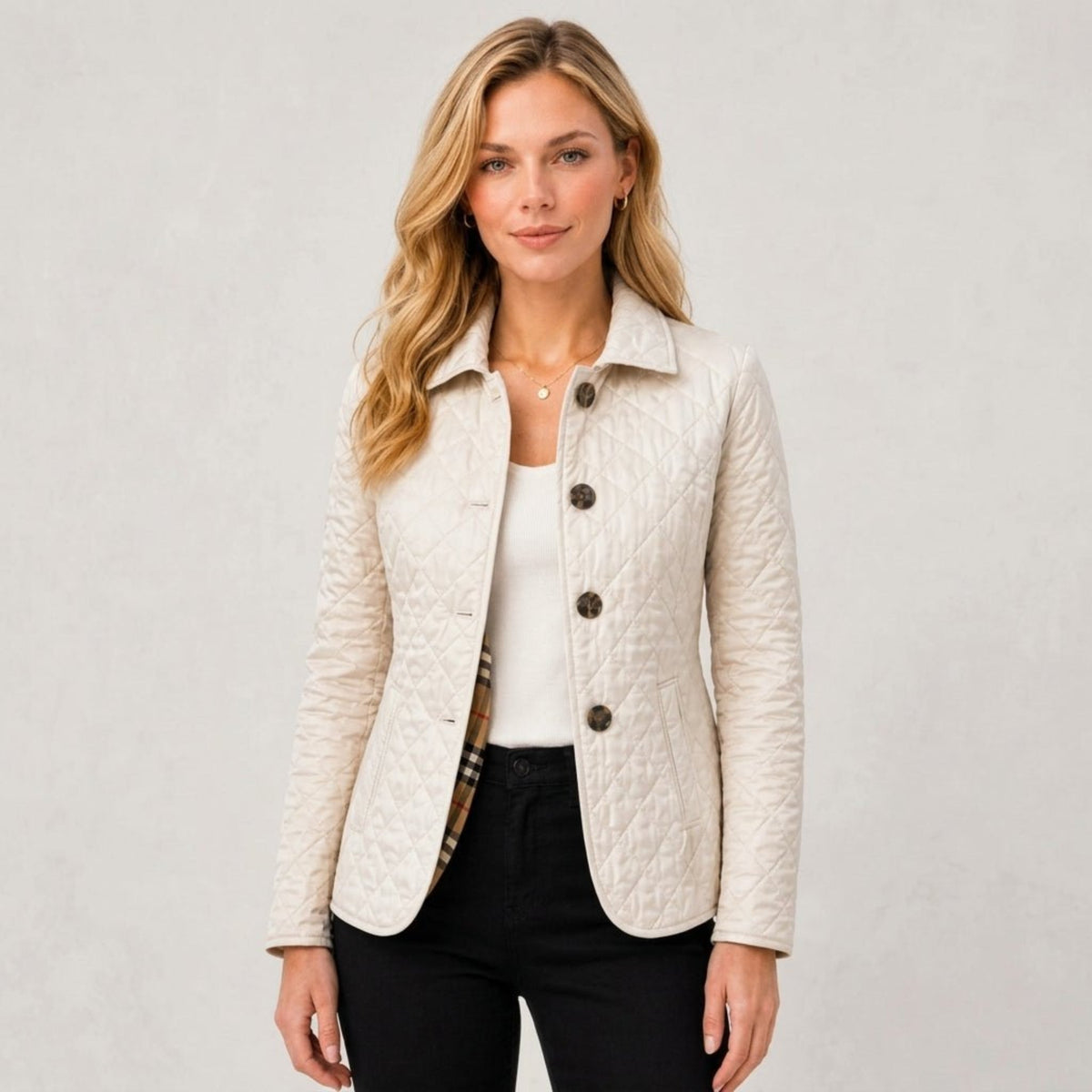Klara - Women's Quilted Transitional Jacket with Collar and Button Front - Coats & Jackets - White - Davies & Cooper