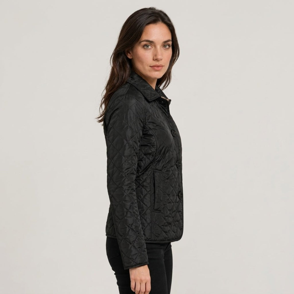 Klara - Women's Quilted Transitional Jacket with Collar and Button Front - Coats & Jackets - Black - Davies & Cooper