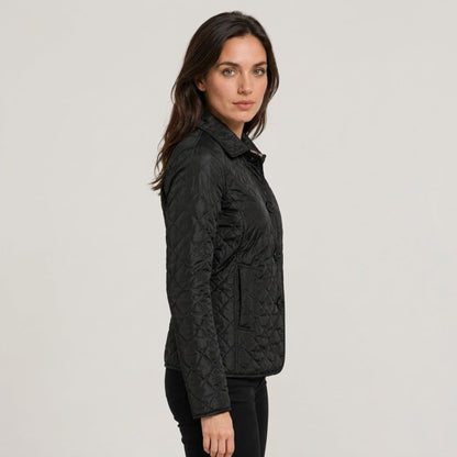 Klara - Women's Quilted Transitional Jacket with Collar and Button Front - Coats & Jackets - Black - Davies & Cooper