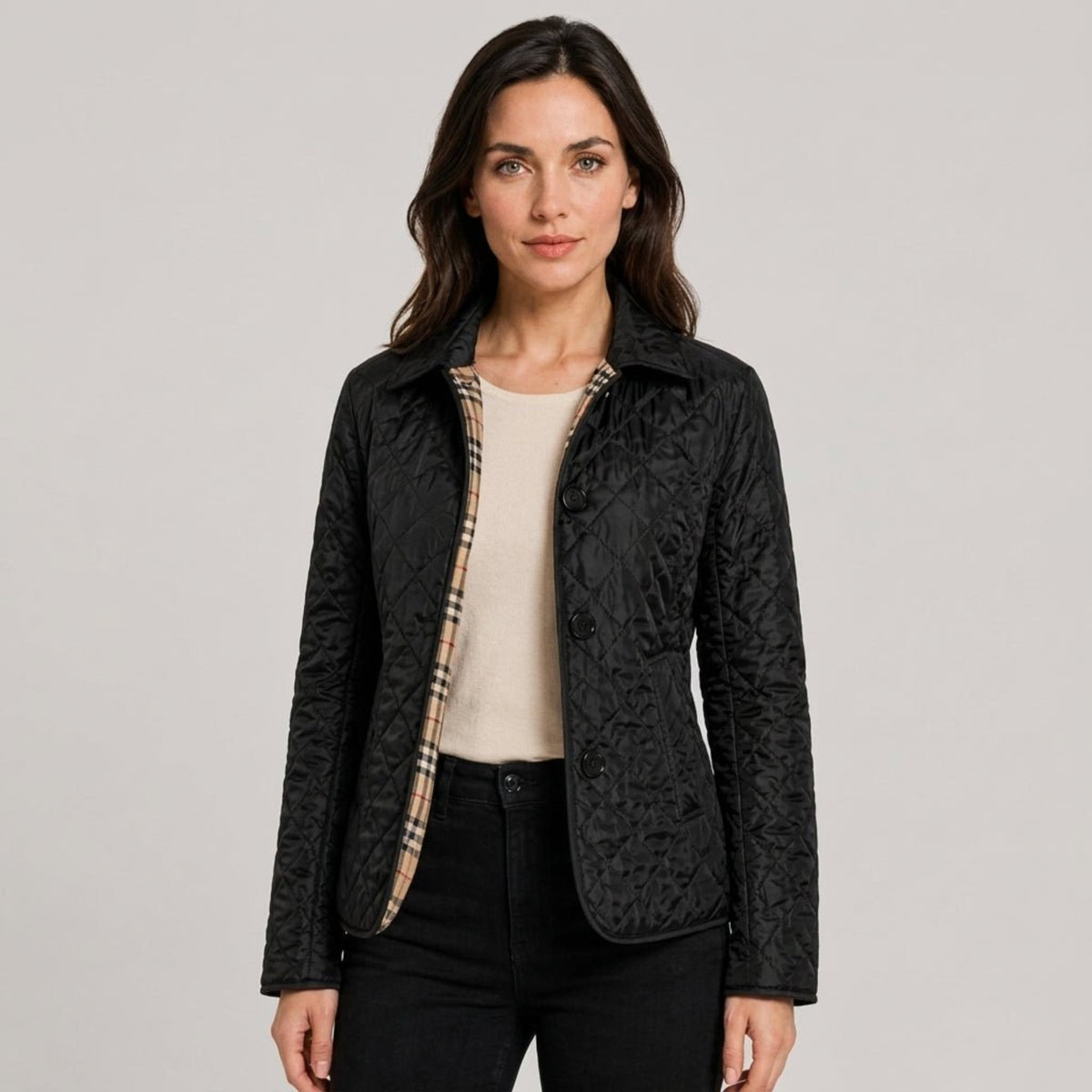 Klara - Women's Quilted Transitional Jacket with Collar and Button Front - Coats & Jackets - Black - Davies & Cooper