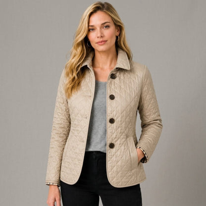 Klara - Women's Quilted Transitional Jacket with Collar and Button Front - Coats & Jackets - Beige - Davies & Cooper
