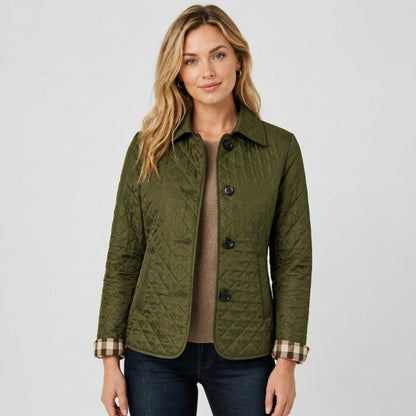 Klara - Women's Quilted Transitional Jacket with Collar and Button Front - Coats & Jackets - Green - Davies & Cooper