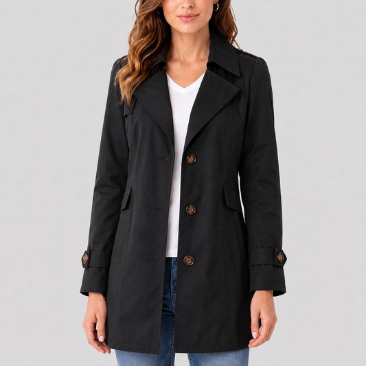 Klara - Women's Short Trench Coat with Notch Lapel - Trench Coats - Black - Davies & Cooper