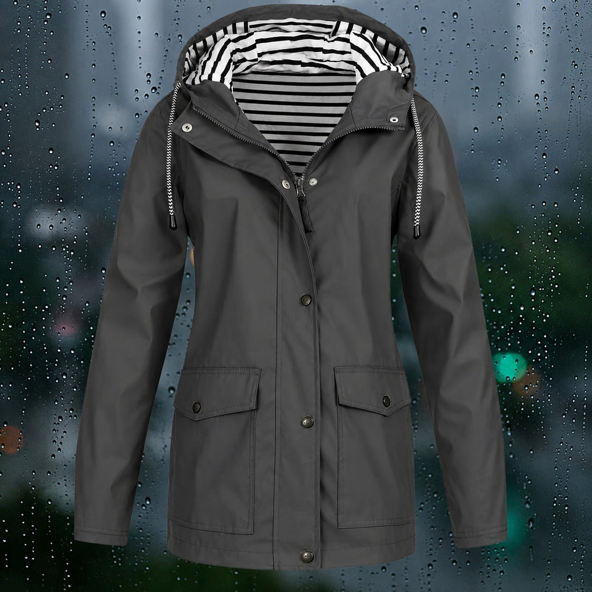 Lea - Women's Hooded Transitional Jacket with Drawstring Hood and Patch Pockets - Rain Coat - Grey - Davies & Cooper