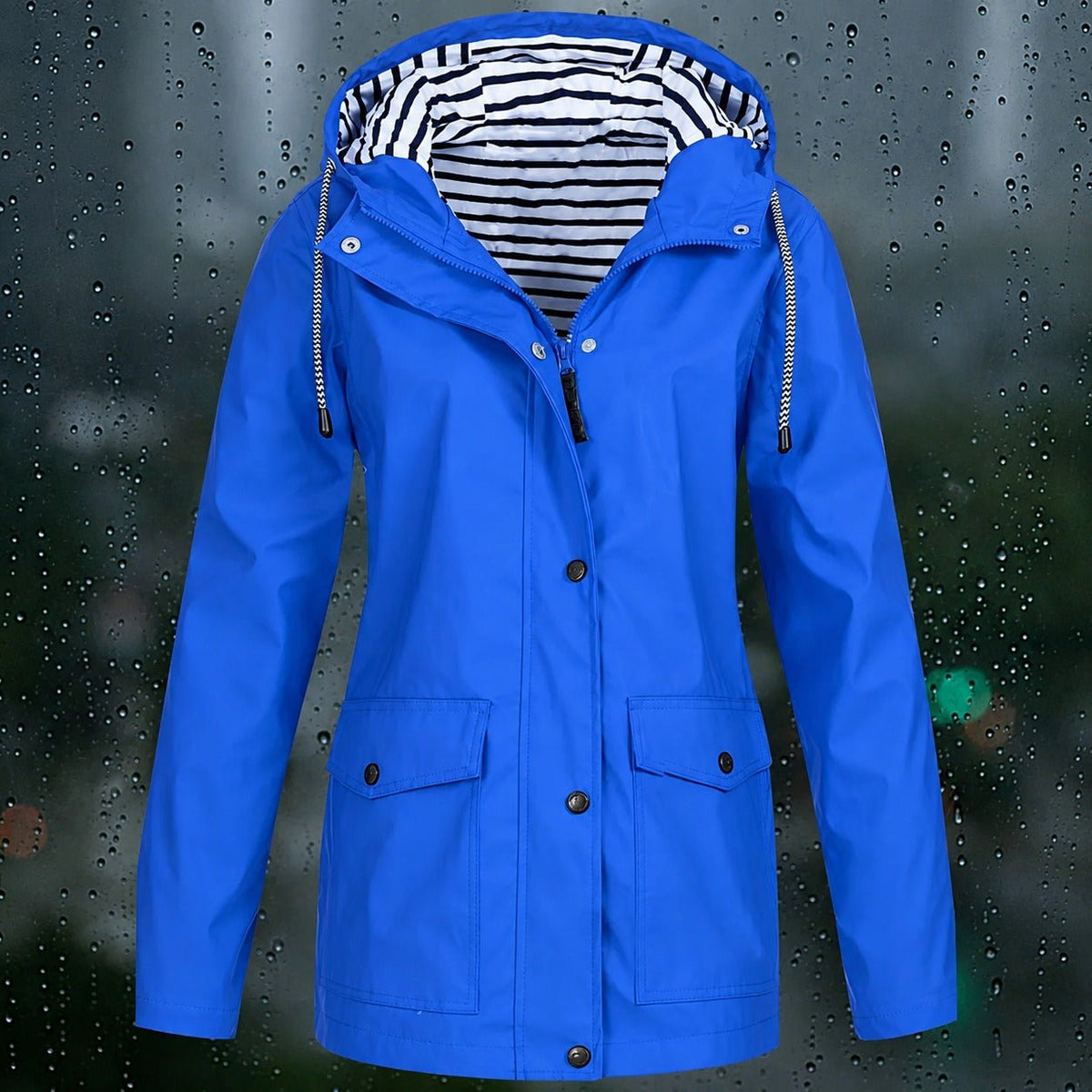 Lea - Women's Hooded Transitional Jacket with Drawstring Hood and Patch Pockets - Rain Coat - Blue - Davies & Cooper