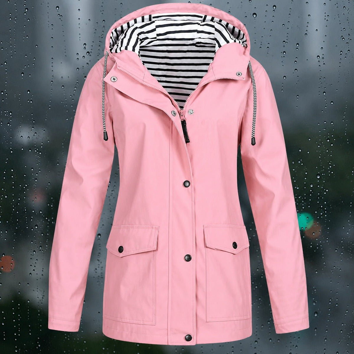 Lea - Women's Hooded Transitional Jacket with Drawstring Hood and Patch Pockets - Rain Coat - Pink - Davies & Cooper