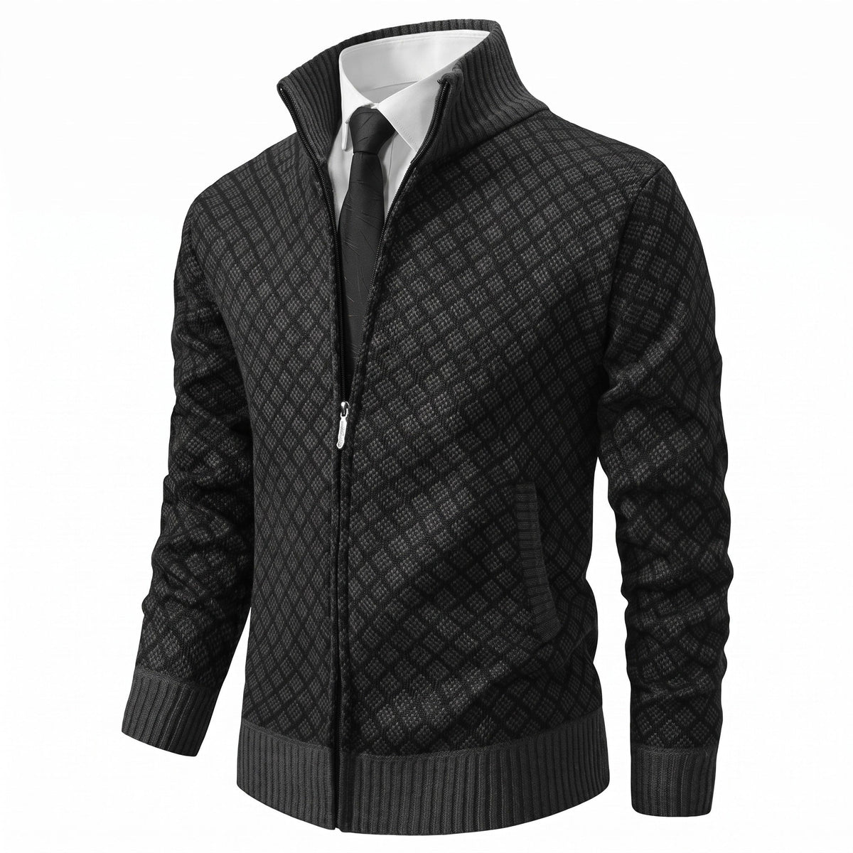 Manuel - Men's Quilted Diamond Knit Zip-Up Jacket with Stand Collar - Coats & Jackets - Black - Davies & Cooper