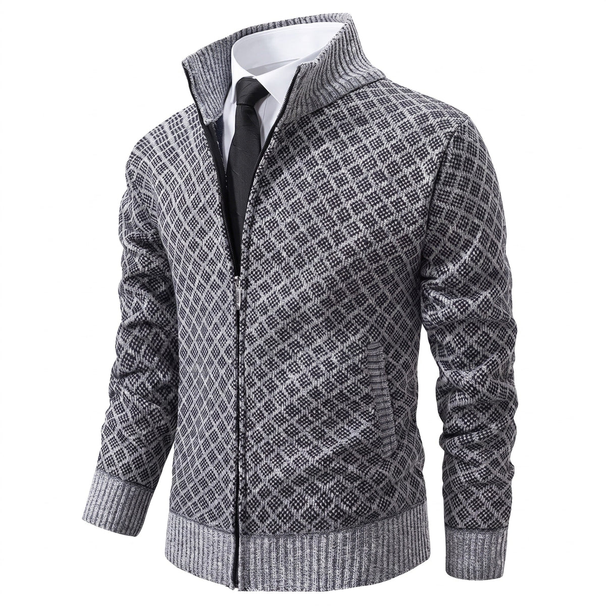 Manuel - Men's Quilted Diamond Knit Zip-Up Jacket with Stand Collar - Coats & Jackets - Grey - Davies & Cooper