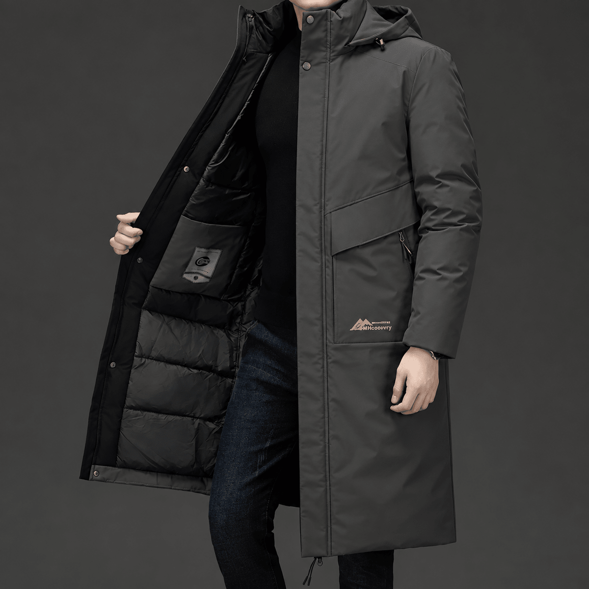 Marcus - Men's Hooded Quilted Longline Parka Jacket with Drawstring Hem - Parkas - Grey - Davies & Cooper