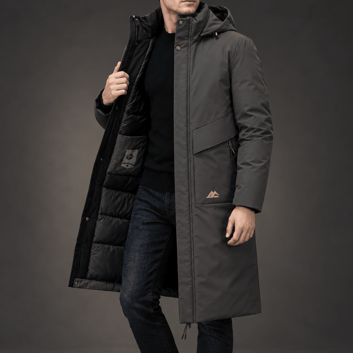 Marcus - Men's Hooded Quilted Longline Parka Jacket with Drawstring Hem - Parkas - Grey - Davies & Cooper