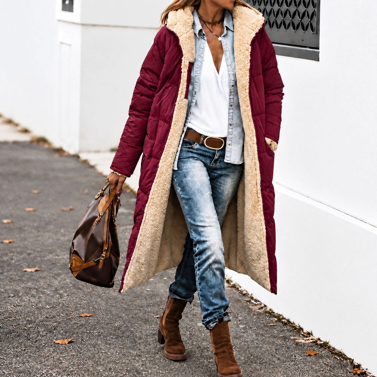 Margaret - Women's Longline Puffer Coat with Contrast Lining - Coats & Jackets - Burgundy - Davies & Cooper