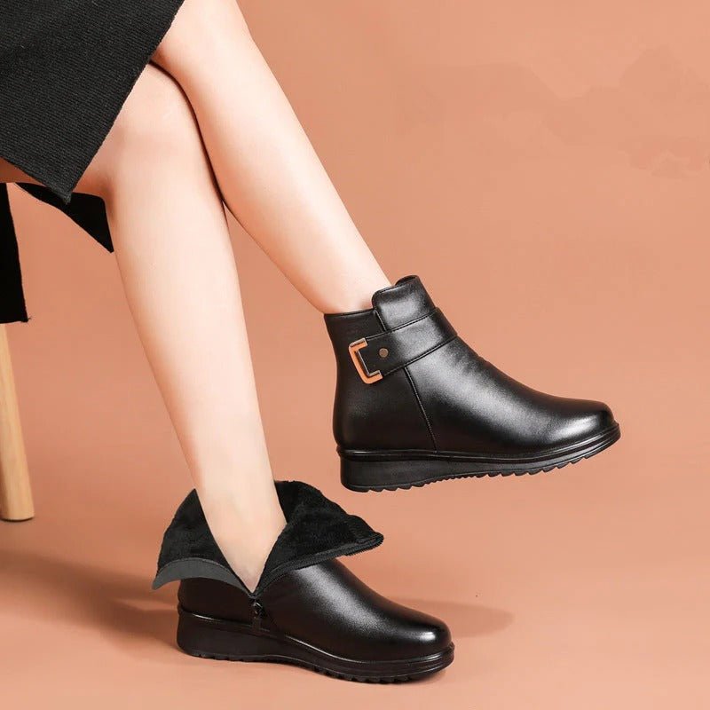 Margaret - Women's Orthopaedic Fur-Lined Ankle Boots with Buckle Strap - Boots - Black - Davies & Cooper