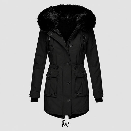 Maria - Women's Hooded Faux Fur Trim Belted Waist Parka Jacket - Coats & Jackets - Black - Davies & Cooper