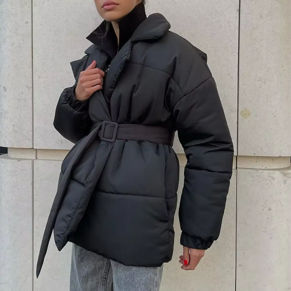 Women's Belted Puffer Jacket Notched Lapel Quilted Coat 3